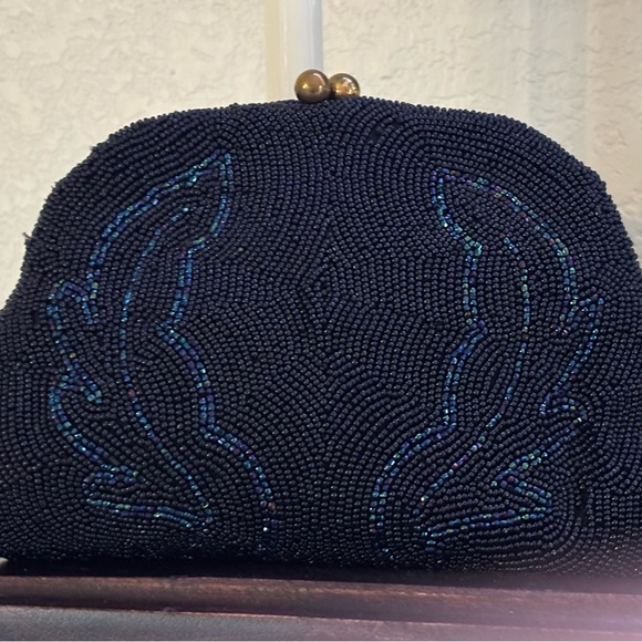 Saks Fifth Avenue Navy Glass Micro Midnight Beaded Clutch - Picture 1 of 16